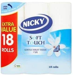 Nicky Soft Touch 2 Ply Toilet Roll 18 Rolls x 2 Packs 